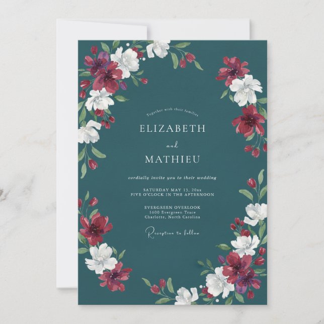 Teal Crimson Petal Wedding Invitation (Front)