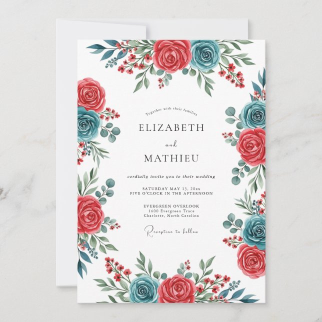 Teal Crimson Spirited Botanical Wedding Invitation (Front)