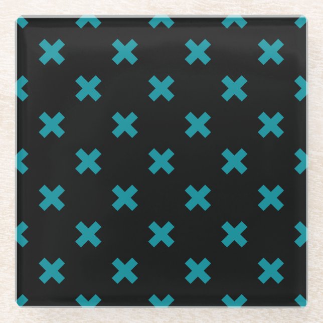 Teal cross stitches on black glass coaster (Front)