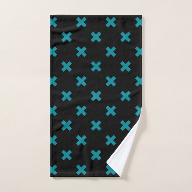 Teal cross stitches on black hand towel (Hand Towel)