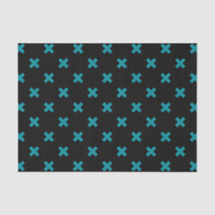Teal cross stitches on black tissue paper