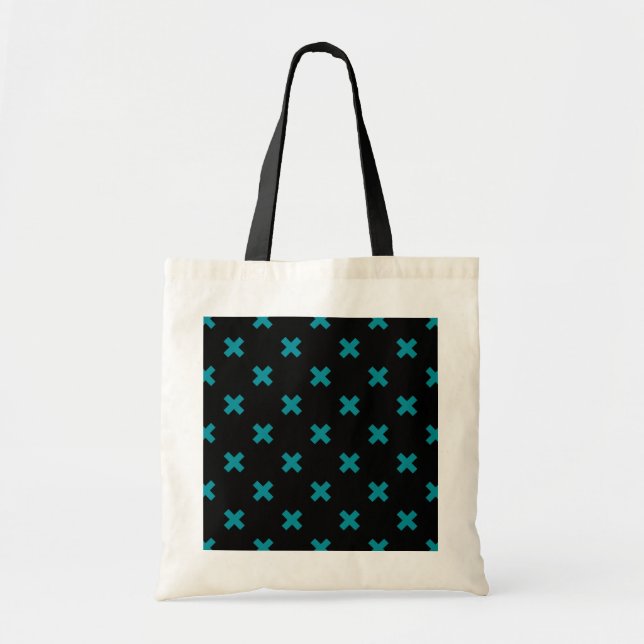 Teal cross stitches on black tote bag (Front)