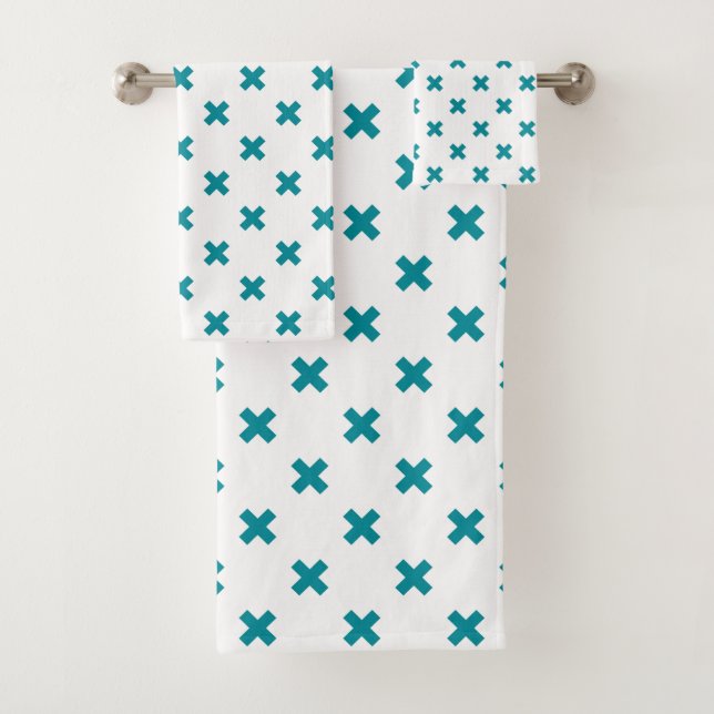 Teal cross stitches on white bath towel set (Insitu)