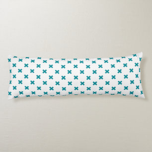Teal cross stitches on white body cushion
