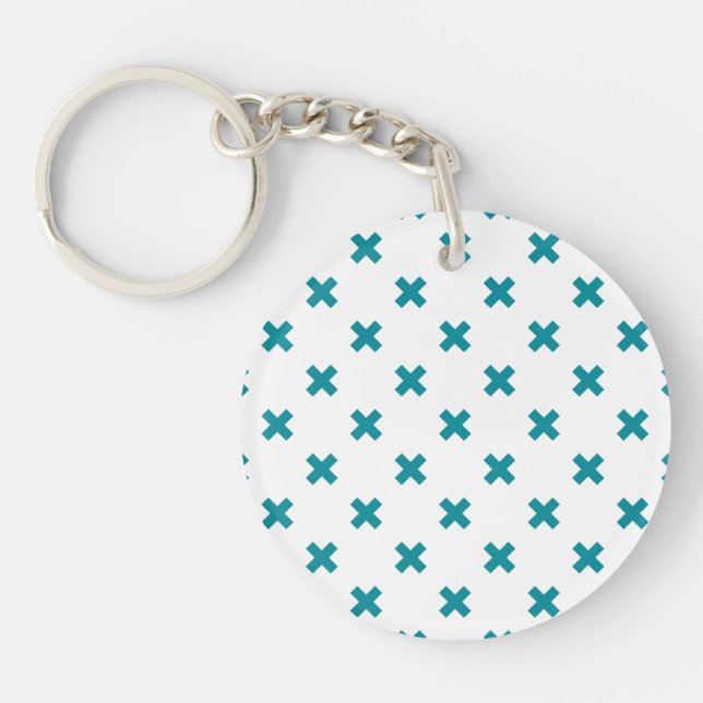 Teal cross stitches on white key ring (Front)