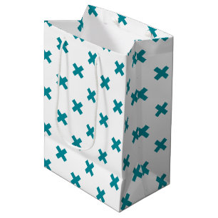 Teal cross stitches on white medium gift bag