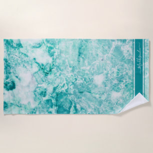 Teal Crystal Monogram Name Marble Agate Custom  Beach Towel
