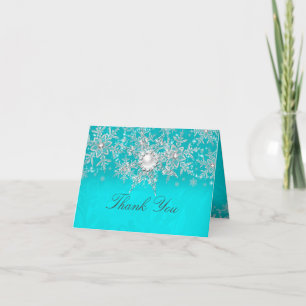 Teal Crystal Pearl Snowflake Silver Thank You Card