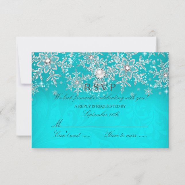 Teal Crystal Pearl Snowflake Silver Winter RSVP Card (Front)