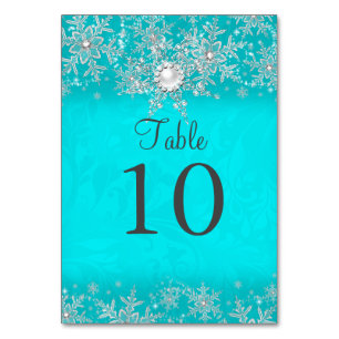 Teal Crystal Pearl Snowflake Table Number Card