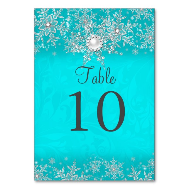 Teal Crystal Pearl Snowflake Table Number Card (Front)