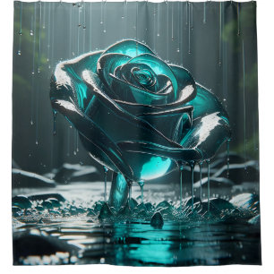 “Teal Crystal Rose with Falling Raindrops" Shower Curtain
