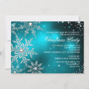 Teal Crystal Snowflake Christmas Dinner Party Invitation