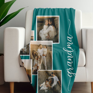 Teal Custom Grandma Grandkid 5 Photo Collage Fleece Blanket