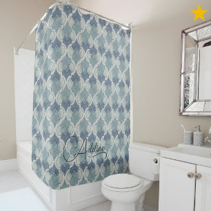 Teal Custom Name Watercolor Geometric Pattern Shower Curtain