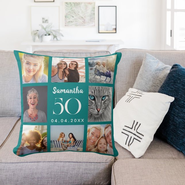 Teal custom photo collage birthday cushion (Creator Uploaded)