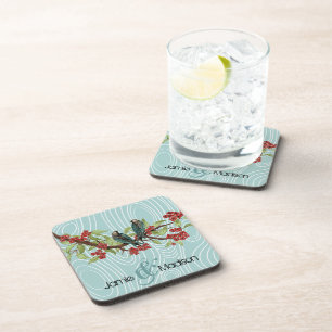 Teal Cute Birds Sitting in Tree Red Cherry Blossom Coaster