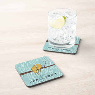 Teal Cute Kissing Love Birds Sitting in Bird Cage Coaster