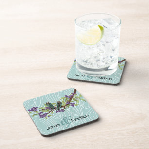 Teal Cute Love Birds Sitting in Tree Coaster