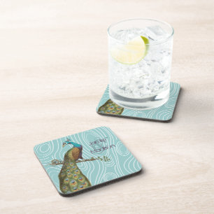 Teal Cute Peacock on Aqua or Any Colour Wood Grain Coaster