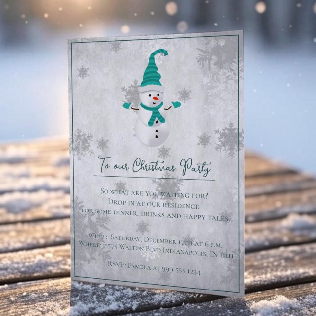 Teal Cute Snowman Christmas Party Invitation (Teal Cute Snowman Christmas Party Invitation)
