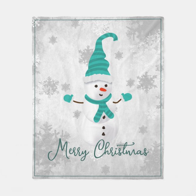 Teal Cute Snowman Holiday Fleece Blanket (Front)