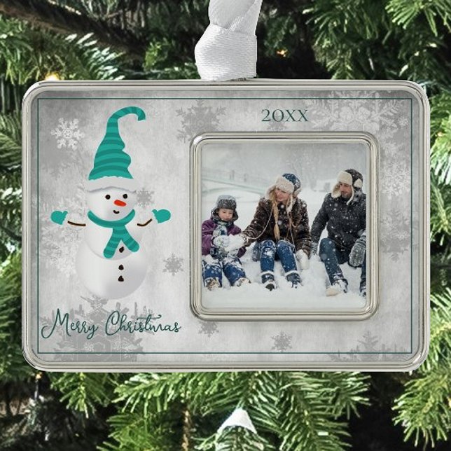 Teal Cute Snowman Holiday Photo Silver Plated Framed Ornament (Teal Cute Snowman Holiday Ornament)