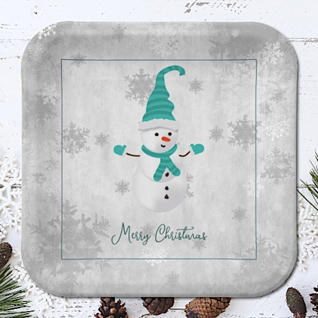 Teal Cute Snowman Paper Plate (Teal Cute Snowman Christmas Paper Plates)