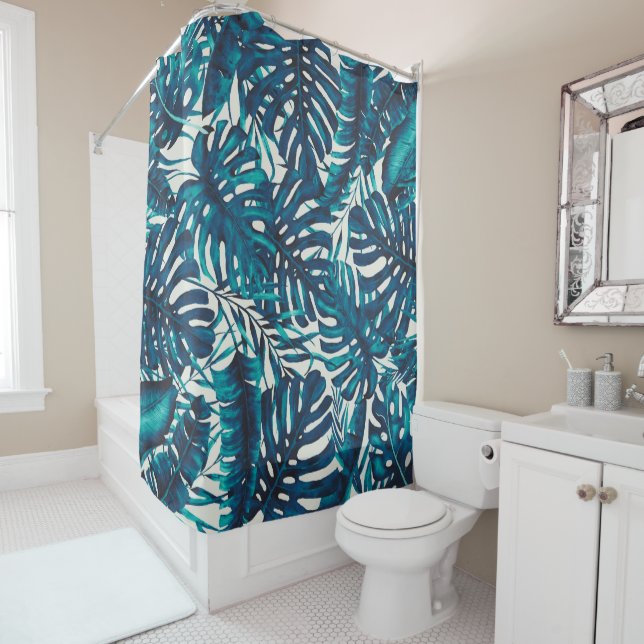 Teal Cyan Green Tropical Palm Leaves Summer Island Shower Curtain (In Situ)
