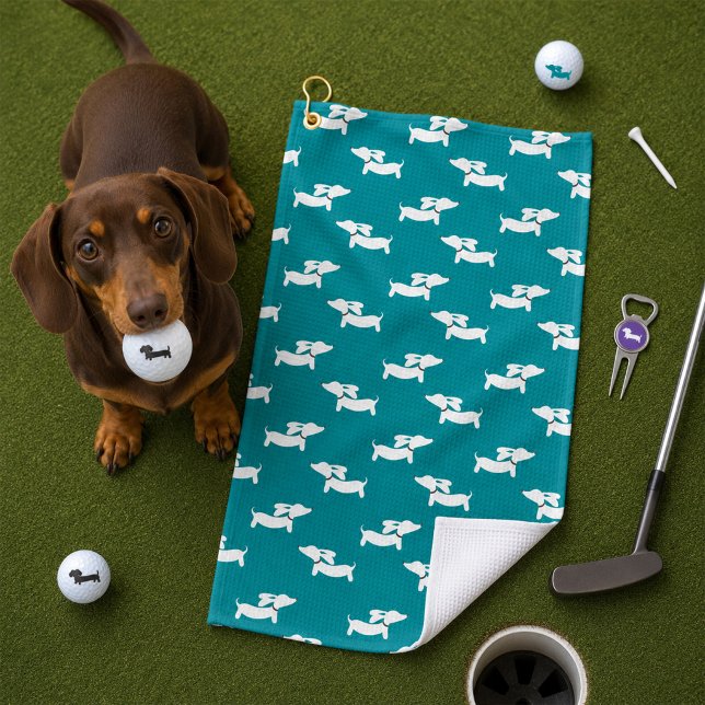 Teal Dachshund Mum Golfer Gift Golf Towel (Teal Blue Dachshund Golf Towel)