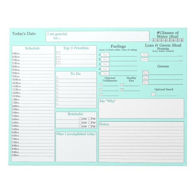 Teal | Daily Planner | 5 and 1 Food Journal Notepad (Front)
