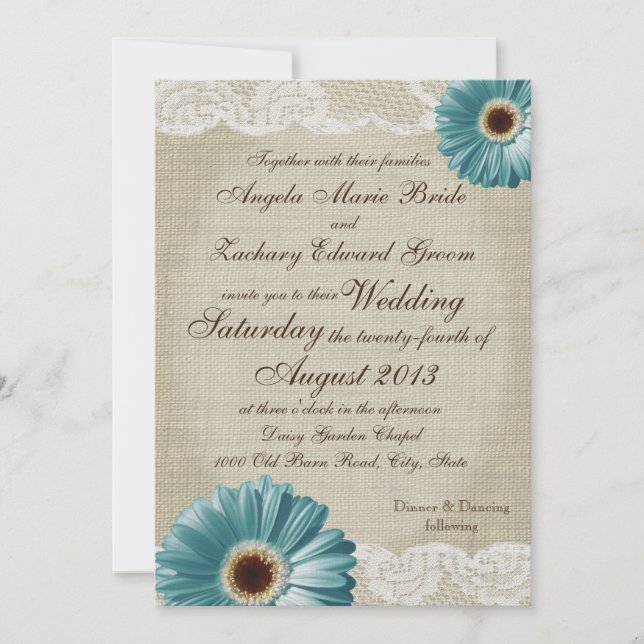 Teal Daisy and Lace Wedding Invitation (Front)