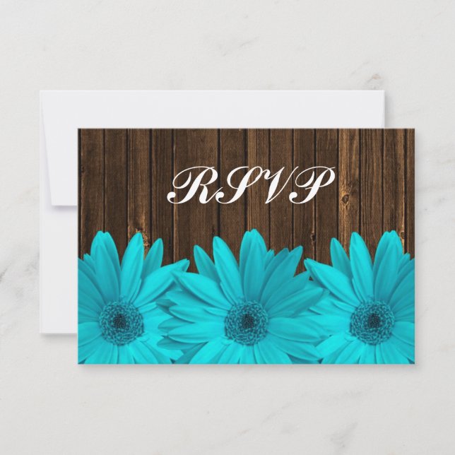 Teal Daisy Barn Wood Wedding RSVP Response Card (Front)