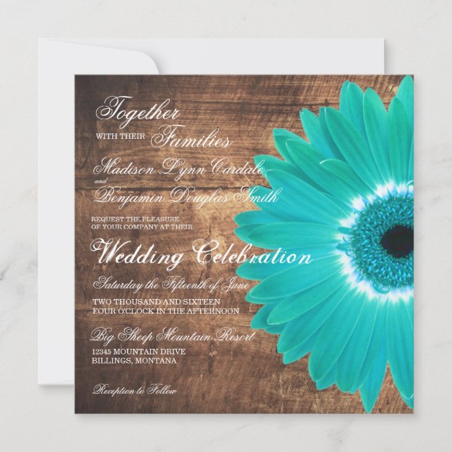 Teal Daisy Rustic Wood Wedding Invitations (Front)