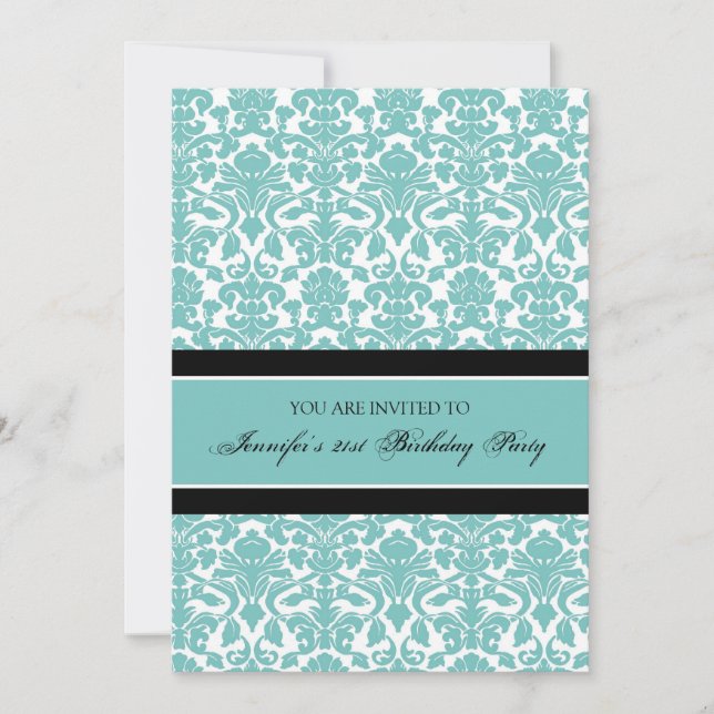 Teal Damask 21st Birthday Party Invitations (Front)