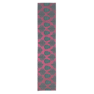 Teal Damask And Skulls On Textured Hot Pink Short Table Runner