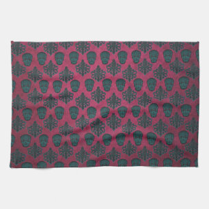 Teal Damask And Skulls On Textured Hot Pink Tea Towel