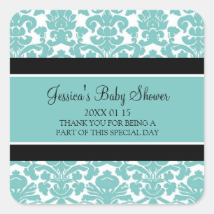 Teal Damask Baby Shower Favour Stickers