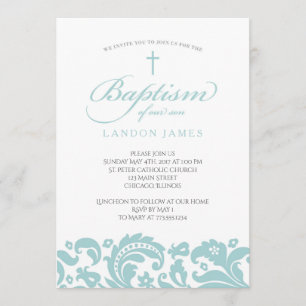 Teal Damask Baptism Invitation