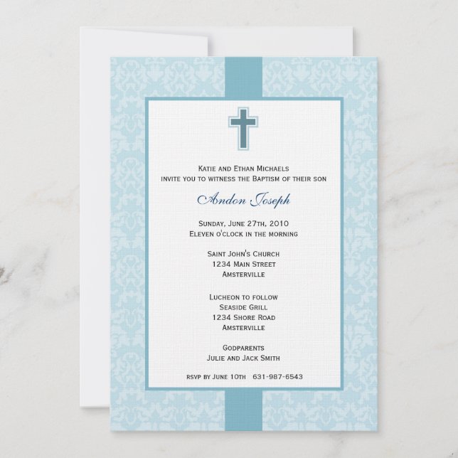 Teal Damask Baptismal Invitation. Invitation (Front)