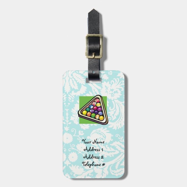 Teal Damask Billiards Luggage Tag (Front Vertical)