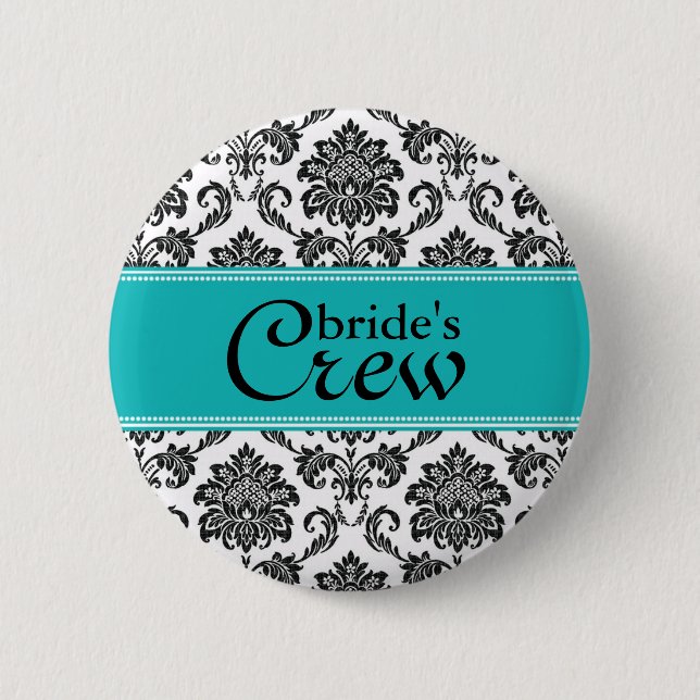 Teal Damask Bride's Crew Button (Front)