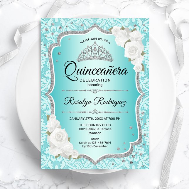 Teal Damask Elegant Floral Quinceanera Invitation (Creator Uploaded)