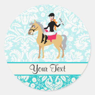 Teal Damask Equestrian Classic Round Sticker