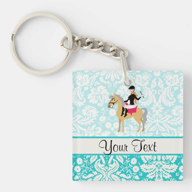 Teal Damask Equestrian Key Ring (Front)