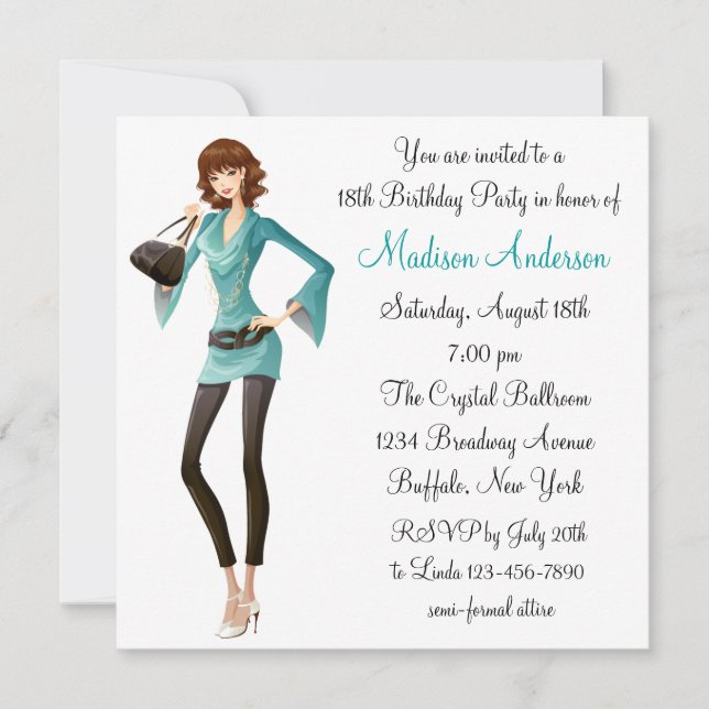 Teal Damask Girls 18th Birthday Party Invitation (Front)