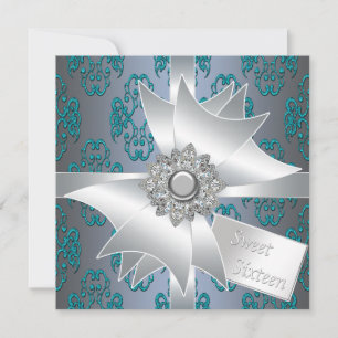 Teal Damask Glitter Gift Sweet Sixteen Invitation