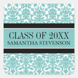 Teal Damask Graduation Custom Year Name Square Sticker