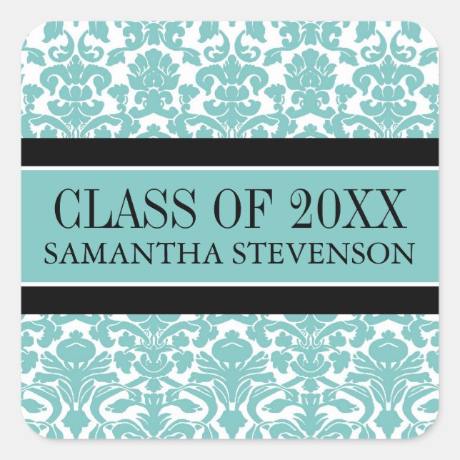 Teal Damask Graduation Custom Year Name Square Sticker (Front)
