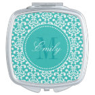 Teal Damask Monogram Compact Mirror Bendel Designs